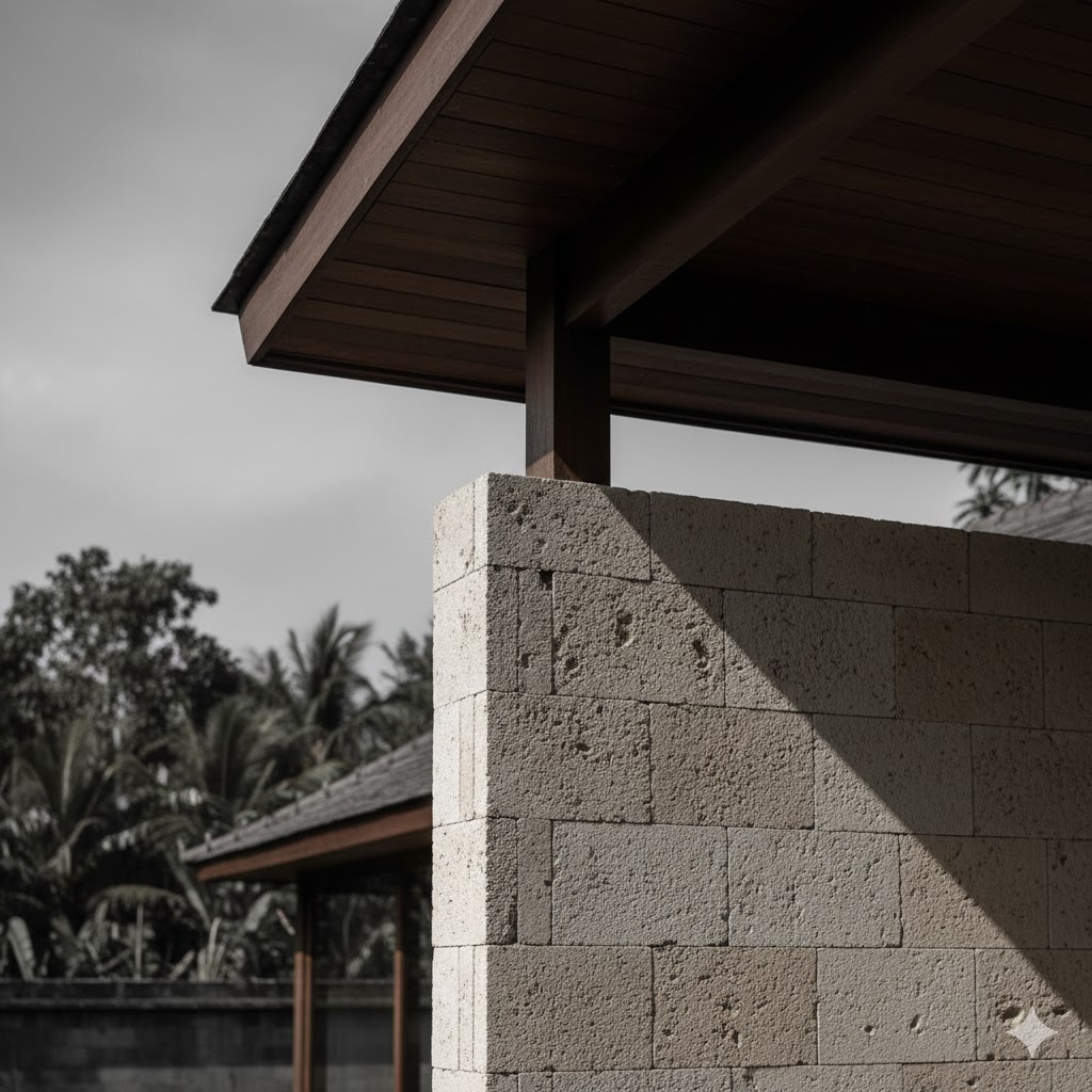 Tropical architecture detail - stone and timber construction in Bali